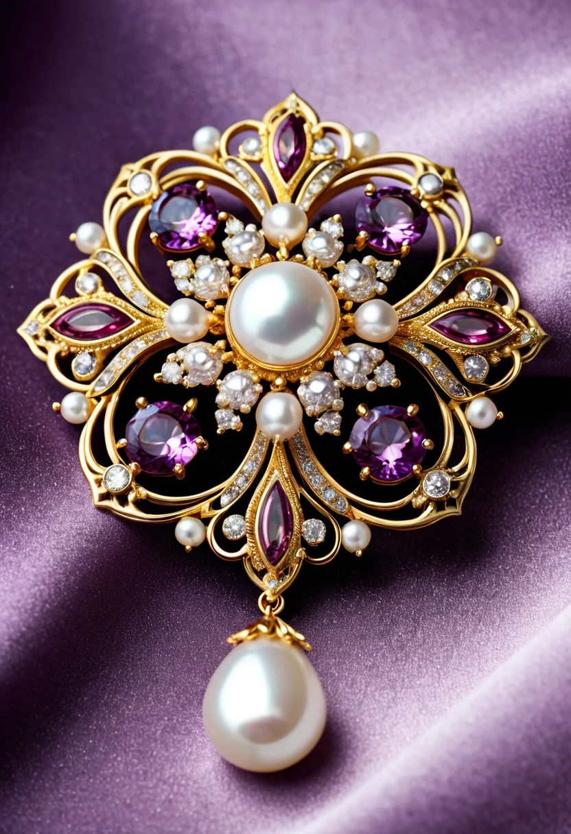glamour product photo of an exquisite brooch on soft plum velvet, gold, alexandrites, pearl, ultra realistic, intricated detail, trending on artstation, studio photo quality,