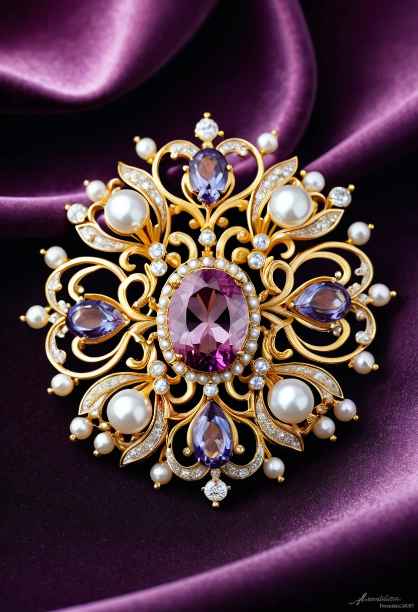 glamour product photo of an exquisite brooch on soft plum velvet, gold, alexandrites, pearl, ultra realistic, intricated detail, trending on artstation, studio photo quality,