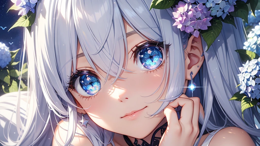 Best quality、Photorealistic、Ultra-detailed、delicate、Orderly、High Detail、Bluish Silver Short Bob、(Drooping heterochromia iris,glowing eyes、Sparkling Eyes:1.lender、(One girl:1.2)、(hydrangea、night、Guided by the moonlight、The twin of the constellationysterious、Fantasy、Dramatic angle:1.3)、Ambient Occlusion、Ambient Light、Ray-traced Reflections、Glow、Shiny Hair、