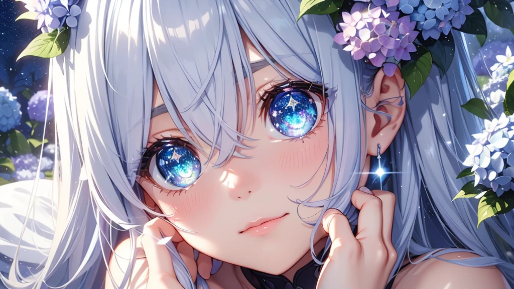 Best quality、Photorealistic、Ultra-detailed、delicate、Orderly、High Detail、Bluish Silver Short Bob、(Drooping heterochromia iris,glowing eyes、Sparkling Eyes:1.3)、slender、(One girl:1.2)、(hydrangea、night、Guided by the moonlight、The twinkling of the constellationysterious、Fantasy、Dramatic angle:1.3)、Ambient Occlusion、Ambient Light、Ray-traced Reflections、Glow、Shiny Hair、