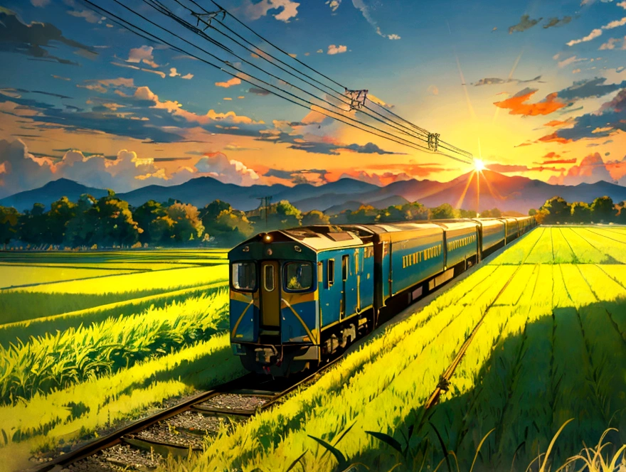 Rural landscape Paddy field Mountain sun A train passes Electric pole Daytime