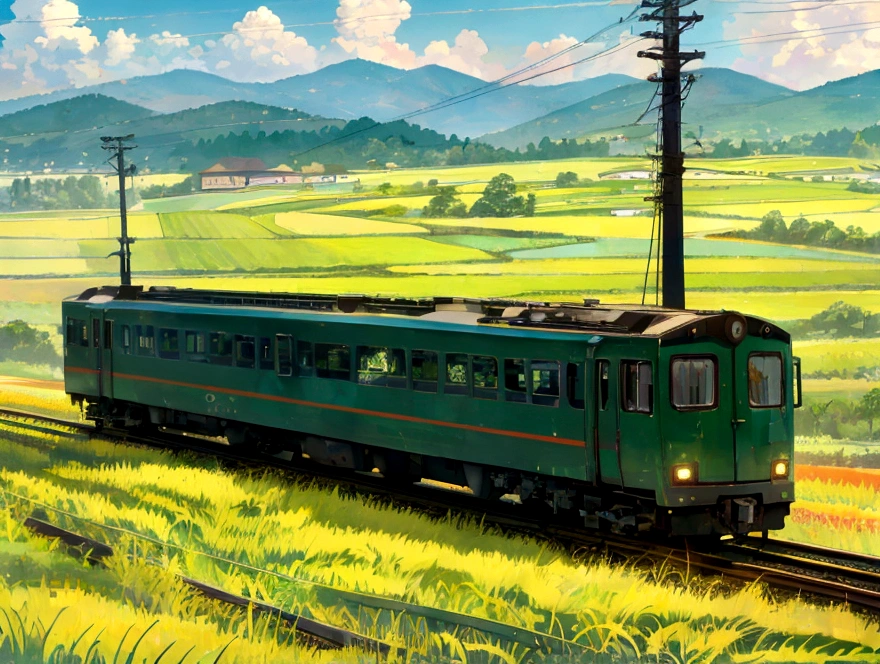Rural landscape Paddy field Mountain sun A train passes Electric pole Daytime