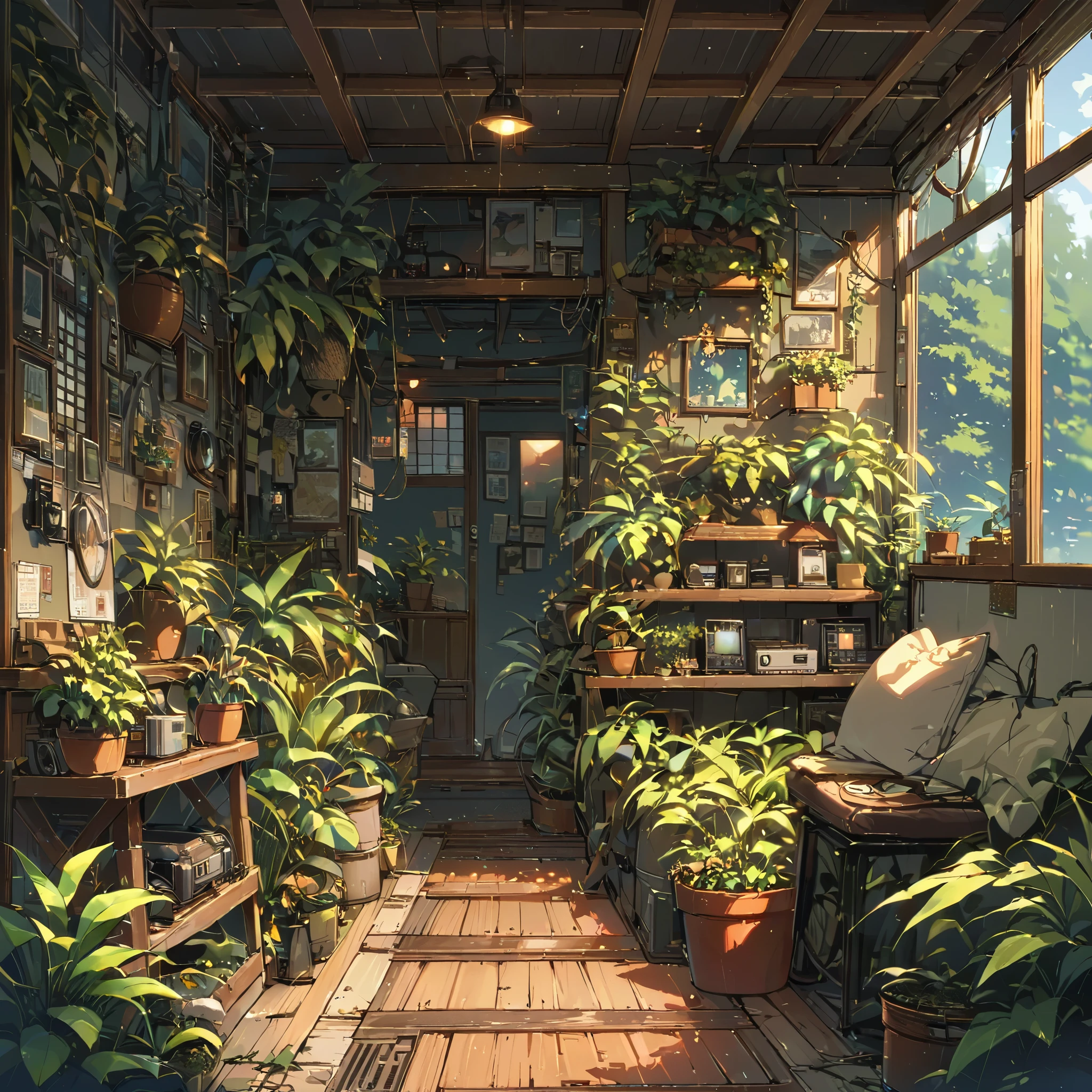 (((distance view, wide shot, long shot))), ((anime:1.4,illustration)),(masterpiece, top quality, best quality),(ultra-detailed, absolutely resolution),((16k, high res)), (((cozy lofi veranda with plants,))), ((cosy lofi illustration:1.4)), ((anime:1.4, illustration)),(masterpiece, top quality, best quality),(ultra-detailed, absolutely resolution),((16k, high res)) BREAK {lofi art, style of Laurie Greasley, style of Makoto Shinkai, anime aesthetic}, BREAK { (produces images with information than 40 million pixels with cinematic-like detailed textures shot on a Sony SLR).},