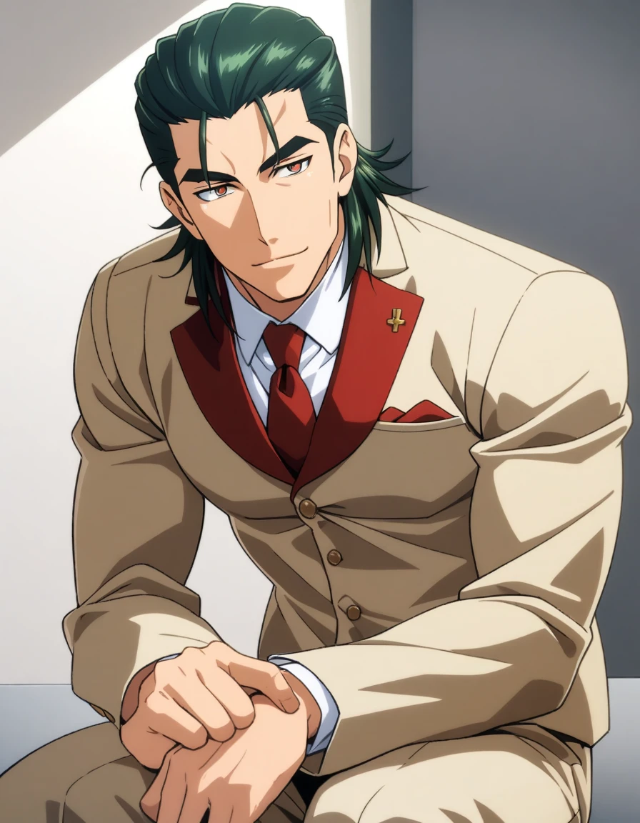 1man, vice principal, middle mullet hairstyle, dark-green hair, slicked back, copper-colored eyes, middle-thick eyebrows, square-shaped head, middle-muscular, handsome, ordinary, 30yo, BREAK solo, beige three-piece suit, brown vest, red tie, white collared shirt, fomal, soft smile, fullbody, in bible black style, elegant quality, 2000s, extreme all detailed, masterpiece, best quality