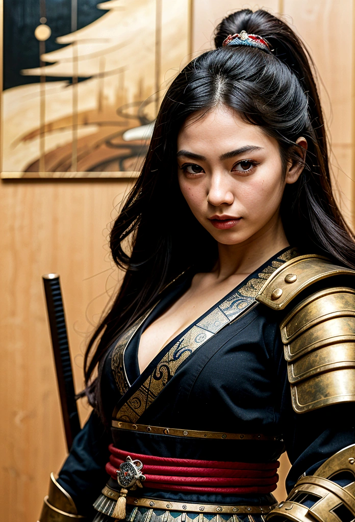 a picture of Japanese female samurai, she has long black hair, wearing samurai armor, armed with a katana, ready for battle, dynamic angle,, Japanese fantasy art, (Masterpiece: 1.5), 16k, highres, best quality, high details, ultra detailed, masterpiece, best quality, (extremely detailed), arafed, dnd art, JapaneseKatana, wtrcolor style