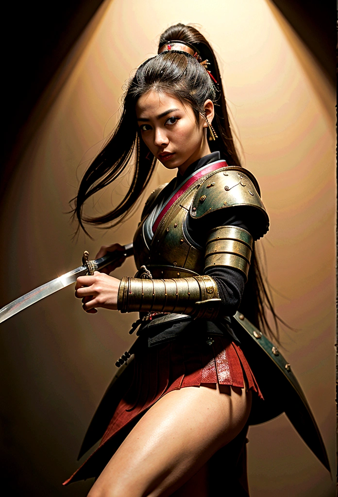 a picture of Japanese female samurai, she has long black hair, wearing samurai armor, armed with a katana, ready for battle, dynamic angle,, Japanese fantasy art, (Masterpiece: 1.5), 16k, highres, best quality, high details, ultra detailed, masterpiece, best quality, (extremely detailed), arafed, dnd art, JapaneseKatana, wtrcolor style