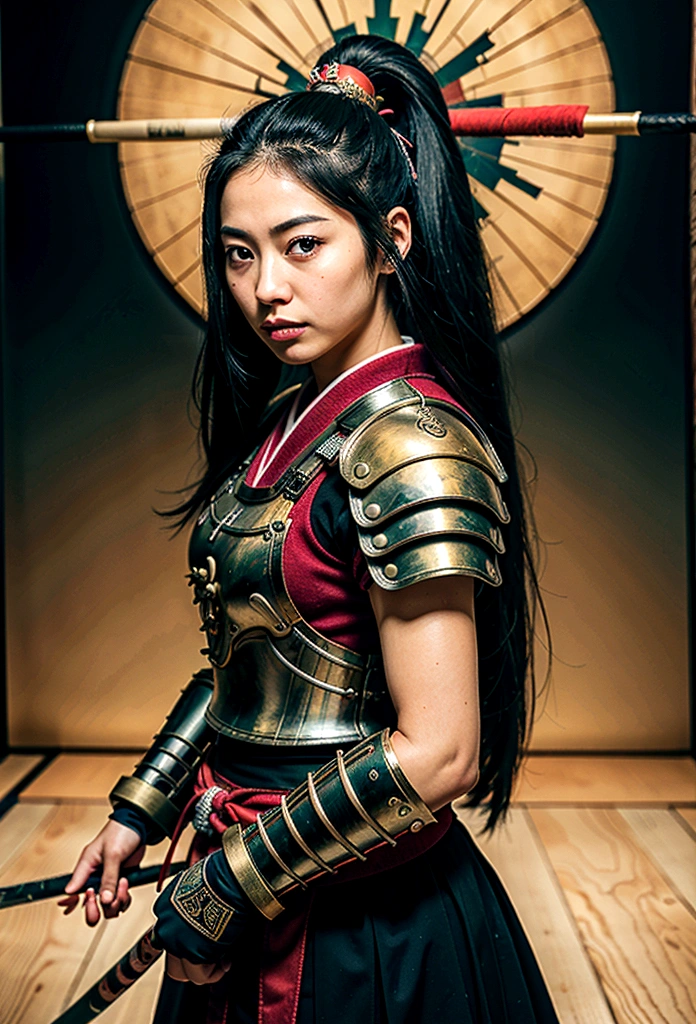 a picture of Japanese female samurai, she has long black hair, wearing samurai armor, armed with a katana, ready for battle, dynamic angle,, Japanese fantasy art, (Masterpiece: 1.5), 16k, highres, best quality, high details, ultra detailed, masterpiece, best quality, (extremely detailed), arafed, dnd art, JapaneseKatana, wtrcolor style