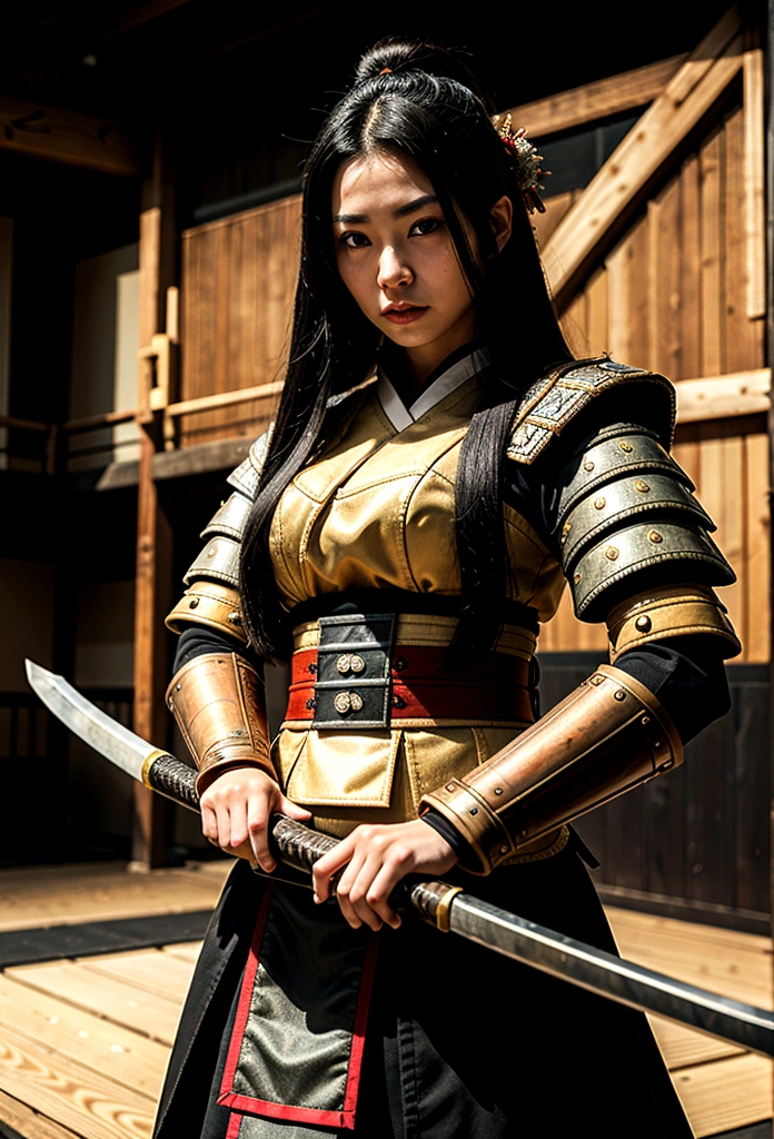 a picture of Japanese female samurai, she has long black hair, wearing samurai armor, armed with a katana, ready for battle, dynamic angle,, Japanese fantasy art, (Masterpiece: 1.5), 16k, highres, best quality, high details, ultra detailed, masterpiece, best quality, (extremely detailed), arafed, dnd art, JapaneseKatana, wtrcolor style