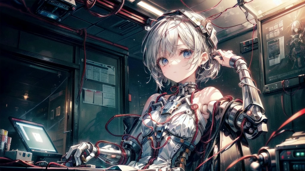 (((masterpiece))), (((Highest quality))), ((Very detailed)), (Highly detailed CG illustrations), ((Very delicate and beautiful)),(Cute and delicate face),Light,((1. Machine Girl)),alone,whole body,(Machine made joints:1.4),((Mechanical Limbs)),(Muscles swell),(The vessel is connected to the tube),(Brain in a container:1.3),((Mechanical vertebrae attached to the back)),((Mechanical cervical spine attached to the neck)),((Sitting)),poker face,(Wires and cables attached to head and body:1.5),Small breasts,short hair,(Character Focus),SF,Lying down,Shortcuts,センター分けのShortcuts,A devastated society,alone,Black-haired