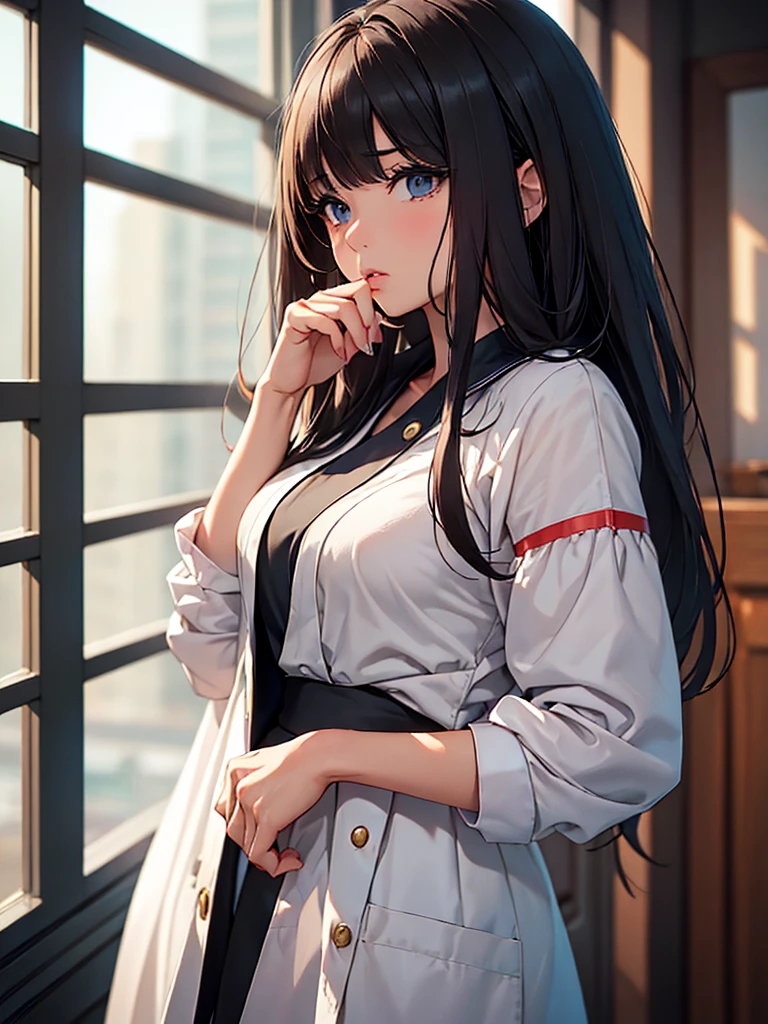 (masterpiece、top-quality、hight resolution), We capture a woman who has just been discovered as a call girl by a man she is familiar with. Despite the awkward situation, she tries to remain calm and professional. She speaks with a mixture of resignation and determination." Please treat me like any other call girl. Thank you for choosing me. Please feel plenty comfortable with me and please pucker up a lot." The setting is a dimly lit room, and the focus is on her efforts to maintain a professional, if nervous, demeanor in her call girl attire.