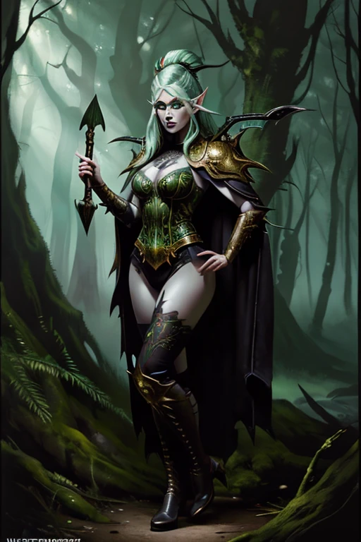 (full body:1.4),((ultra realistic illustration:1.2)),(dark fantasy:1.4), In a mystical forest. Beautiful Elven (archer). Wild spiky(green hair), red eyes, ((very pale:1.4)), beautifully fit figure, medium perky breasts. (tribal face paint(warpaint)), leather bustier(,armor), cape, thigh high boots .Masterpiece, (highly detailed:1.2),(detailed face and eyes:1.2), 8k wallpaper, natural lighting. core shadows, high contrast, bokeh.