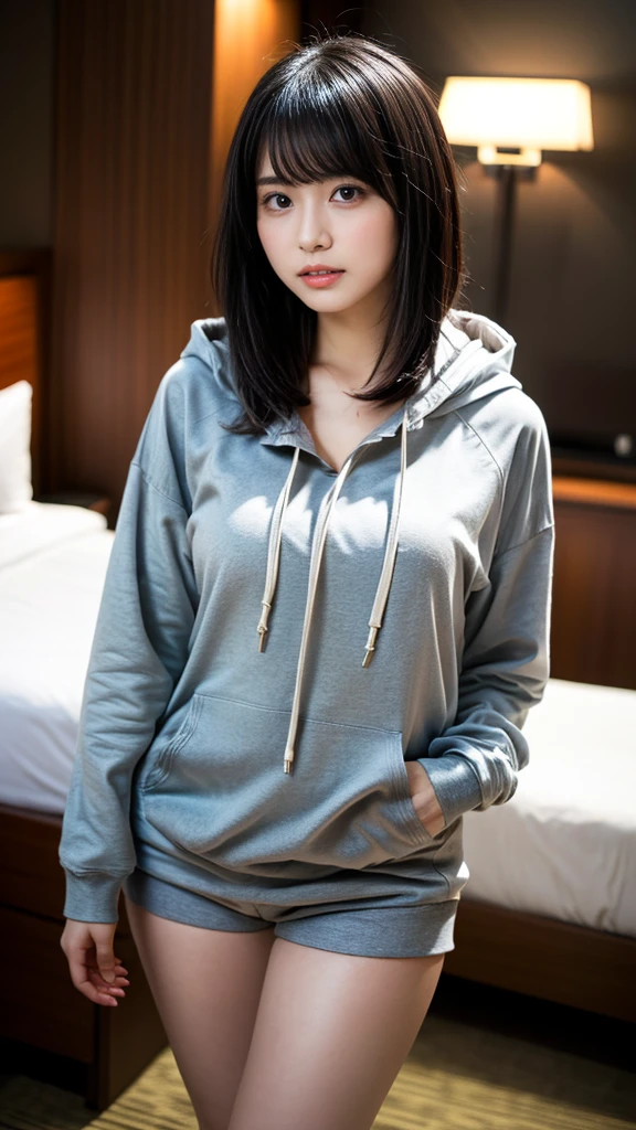 masterpiece, best quality, illustration, Super detailed, fine details, High resolution, 8K,wall paper, perfect dynamic composition,(Details High quality, realistic depiction of eyes:1.3), (Oversized Light Gray Hoodie:1.2), Erotic Shorts, big breasts, short bob hair、black hair color, Big Natural Color Lip, bold sexy pose, (perfect body shape), crying a little、Harajuku style、20 year old girl、cute type、lolita、beautiful legs, hotel room, gravure idol