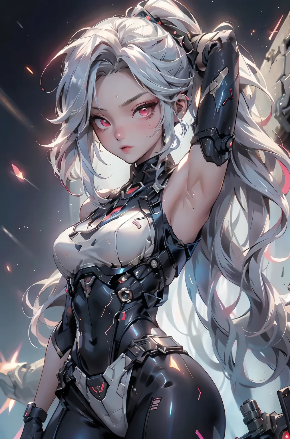 ((Cyberpunk women images)),raise one's arms high:1.4、armpits,,(masterpiece:1.4, Highest quality, Dutch Angle)(One Girl, alone)(Gray hair that changes with light、Smooth and straight hair、WHITE hair fluttering in the wind)、(beautiful, Glowing Skin、Cheek Gloss Highlighter、Sexy and very beautiful and adorable face、The most beautiful face in the world、big, Glowing red eyes)、(Cute 25 year old girl, large breasts、Tight waist、Delicate shoulders、Perfect figure)(Overall dark、A ruined futuristic city、The world at the end of the century、Traces of war、cave、Remains)(Futuristic combat suit、White combat armor、Highly decorated combat uniform、Weapons are deployed to surround the woman)(Shooting from close range、Pictures of female faces)
