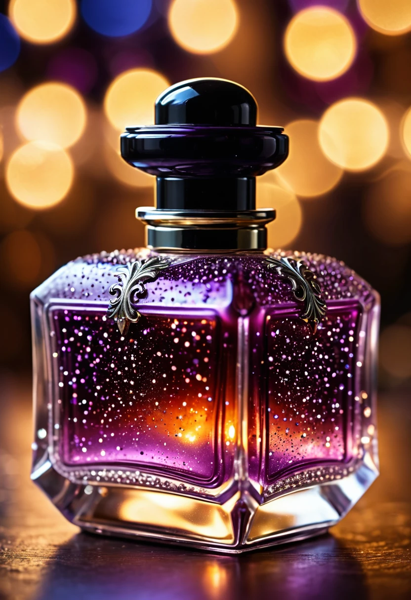 extremely detailed, extreme closeup, old perfume bottle, plum glowing glass, tons of sparkling tiny lights, sharp focus, bokeh, hires, 