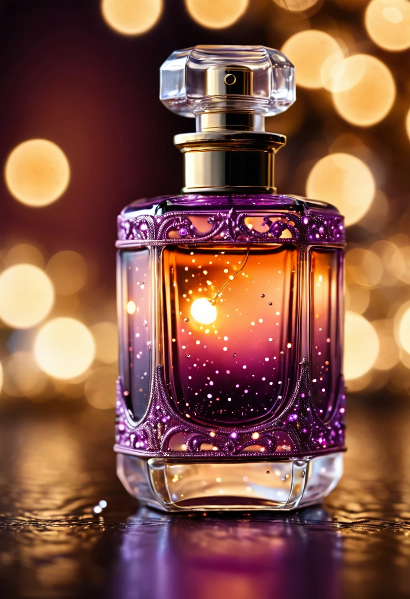 extremely detailed, extreme closeup, old perfume bottle, plum glowing glass, tons of sparkling tiny lights, sharp focus, bokeh, hires, 