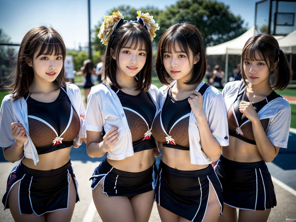 (RAW photo, 4k, masterpiece, high resolution, extremely complex) (realistic: 1.4), cinematic lighting
((2 girls, 2 schoolgirls)),blushing,((innocent)),bright eyes,round eyes,blunt bangs,(short bob hair:1.3),black hair,large breasts,wide hips,Summer Noon, ,Hot, (Best Quality), (Highres), (an Extremely Delicate and Beautiful),(Beautiful 8k face),(Brown eyes),( spectators),(gigantic breasts),(Play with each other,Touching each other's bodies,Touching the body),(cheer girl:1.5),(a miniskirt),(reality),bright lighting,(The background is a luxury hotel room)
