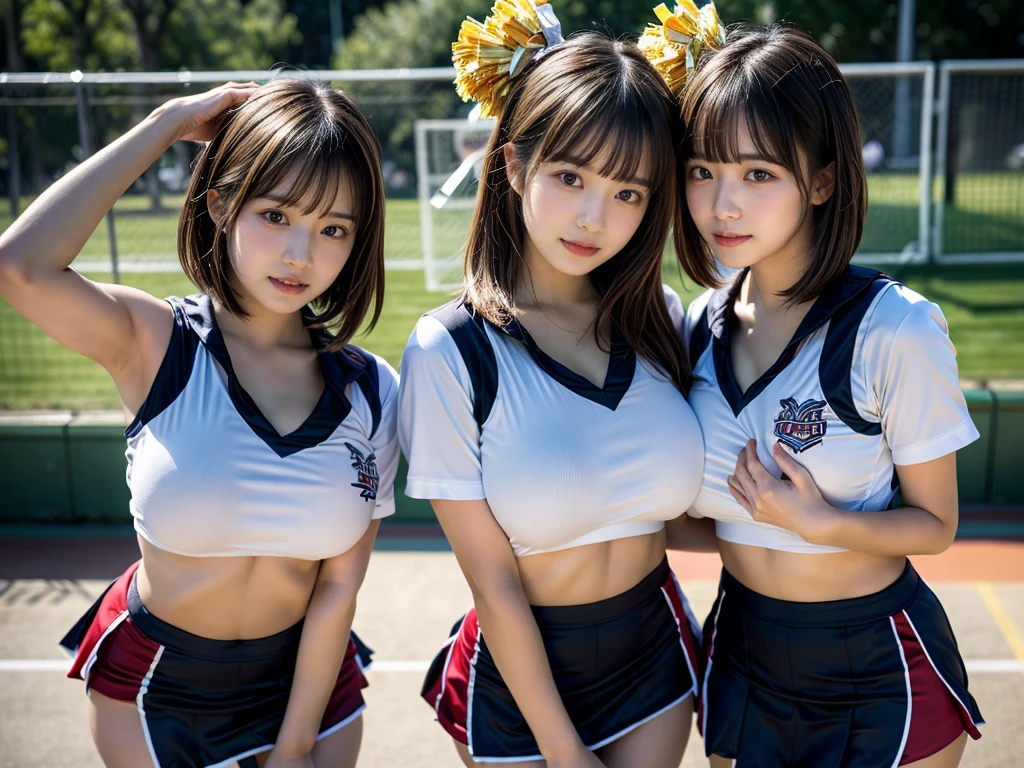 (RAW photo, 4k, masterpiece, high resolution, extremely complex) (realistic: 1.4), cinematic lighting
((2 girls, 2 schoolgirls)),blushing,((innocent)),bright eyes,round eyes,blunt bangs,(short bob hair:1.3),black hair,large breasts,wide hips,Summer Noon, ,Hot, (Best Quality), (Highres), (an Extremely Delicate and Beautiful),(Beautiful 8k face),(Brown eyes),( spectators),(gigantic breasts),(Play with each other,Touching each other's bodies,Touching the body),(cheer girl:1.5),(a miniskirt),(reality),bright lighting,(The background is a luxury hotel room)
