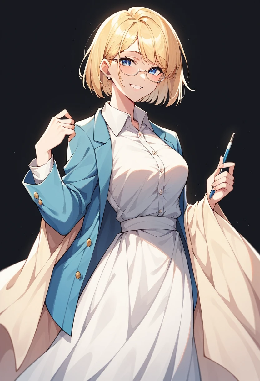 beautiful woman, beautiful face, solo, from center, standing, medium bob cut blonde hair, light blue eyes, two points glasses, medium breasts, blue denim jacket, white dress shirts, white pleats long skirt, soft smile, temptation pose, black background, no background, pastel 2d art, matte painting, anime, masterpiece