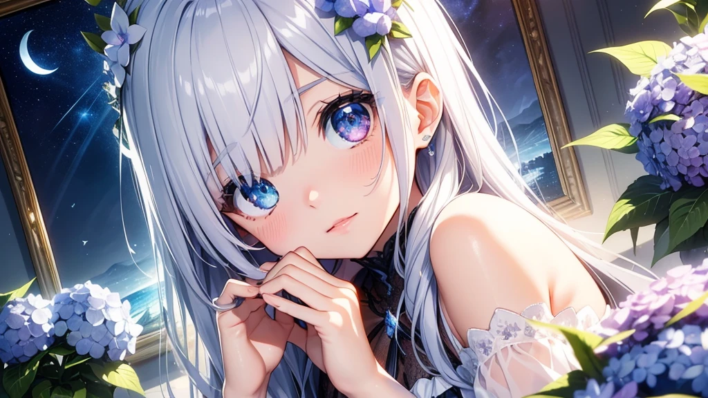 Best quality、Photorealistic、Ultra-detailed、delicate、Orderly、High Detail、Bluish Silver Short Bob、(Drooping heterochromia iris,glowing eyes、Sparkling Eyes:1.3)、slender、(One girl:1.2)、(hydrangea、night、Guided by the moonlight、The twinkling of the constellationysterious、Fantasy、Dramatic、Dutch Angle:1.3)、Ambient Occlusion、Ambient Light、Ray-traced Reflections、Glow、Shiny Hair、
