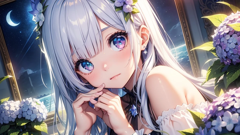 Best quality、Photorealistic、Ultra-detailed、delicate、Orderly、High Detail、Bluish Silver Short Bob、(Drooping heterochromia iris,glowing eyes、Sparkling Eyes:1.3)、slender、(One girl:1.2)、(hydrangea、night、Guided by the moonlight、The twinkling of the constellationysterious、Fantasy、Dramatic、Dutch Angle:1.3)、Ambient Occlusion、Ambient Light、Ray-traced Reflections、Glow、Shiny Hair、