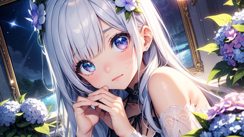 Best quality、Photorealistic、Ultra-detailed、delicate、Orderly、High Detail、Bluish Silver Short Bob、(Drooping heterochromia iris,glowing eyes、Sparkling Eyes:1.3)、slender、(One girl:1.2)、(hydrangea、night、Guided by the moonlight、The twinkling of the constellationysterious、Fantasy、Dramatic、Dutch Angle:1.3)、Ambient Occlusion、Ambient Light、Ray-traced Reflections、Glow、Shiny Hair、