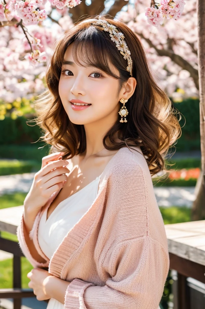 Family restaurant parking lot, full-time housewife, ((full body)), ((photo)), ((best qualtiy, 8K, tmasterpiece:1.3)), Focus:1.2, perfect figure beautiful girl:1.4, 1girl, cowboy shot, look at viewer, incredibly absurd, beautiful and cute girl with a photorealistic face, showcasing top-quality craftsmanship, Japanese woman eating at a family restaurant, 21 years old, medium-long brown hair, parted in the middle with curls at the ends, bangs cut above the eyes, naturally rounded hairline, large chocolate brown eyes, long eyelashes, cherry blossom lips, slightly high nose, oval face, fine skin, plump cheeks, soft chin, gentle smile, glamorous, fair skin, large buttocks, beautiful D-cup breasts, beige dress, pink cardigan, floral scarf, earrings, hair accessory, pretty older woman, beautiful, glamorous, gentle, attentive, passionate, curious, loves to talk, September
