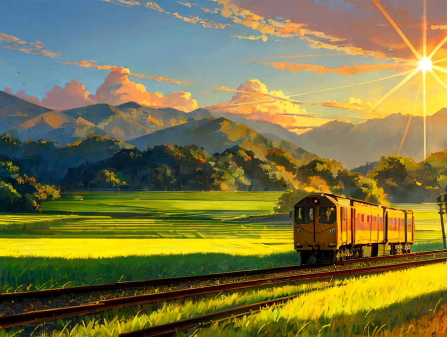 Rural landscape Paddy field Mountain sun A train passes Electric pole Daytime