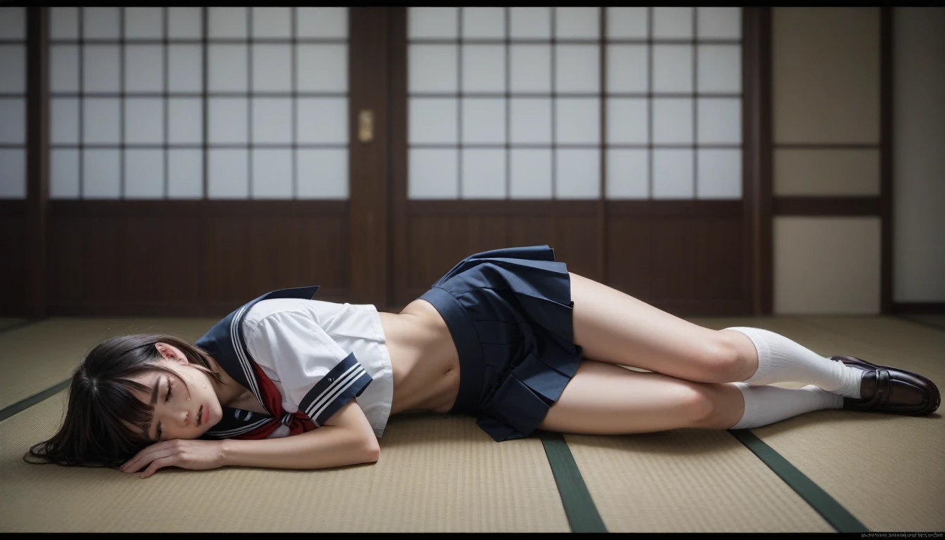 score_9,score_8_superior,score_7_superior, masterpiece, sauce_photograph, (Realistic:1.4), 4K, Simple Background, Amazing depth, Double Exposure, Surreal, Exquisitely crafted, Perfect balance, Deep and thin border, artistic photographrealism, Smooth,
One girl, 24-years-old, Japanese Girls, , Young girl, (bangs:1.2), School_uniform, Sailor_uniform, short_sleeve, Crop top, Large Breasts, belly button, (mini skirt:1.2), Knee-high socks, loafers, Hands behind the body、Are crying、(Lie down and sleep:1.2)、(Tatami room in a Japanese house:1.2)