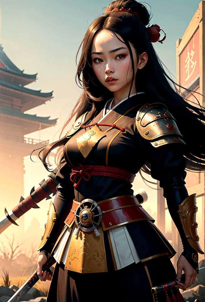 a picture of Japanese female samurai, she has long black hair, wearing samurai armor, armed with a katana, ready for battle, dynamic angle,, Japanese fantasy art, (Masterpiece: 1.5), 16k, highres, best quality, high details, ultra detailed, masterpiece, best quality, (extremely detailed), arafed, dnd art, JapaneseKatana, wtrcolor style