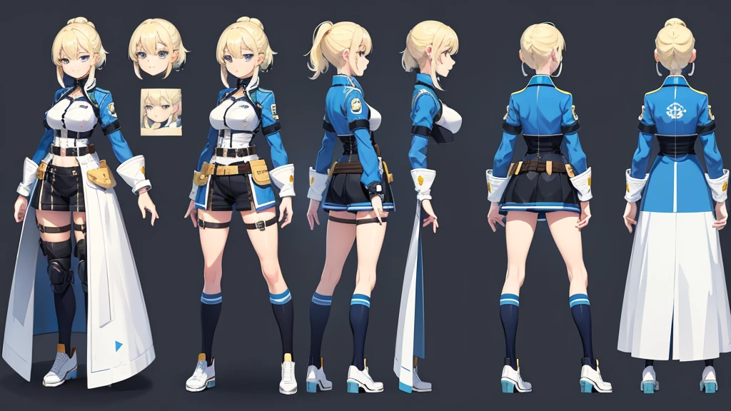police girl ,blonde hair,blue eye,character design sheet, character turnaround, character in different poses