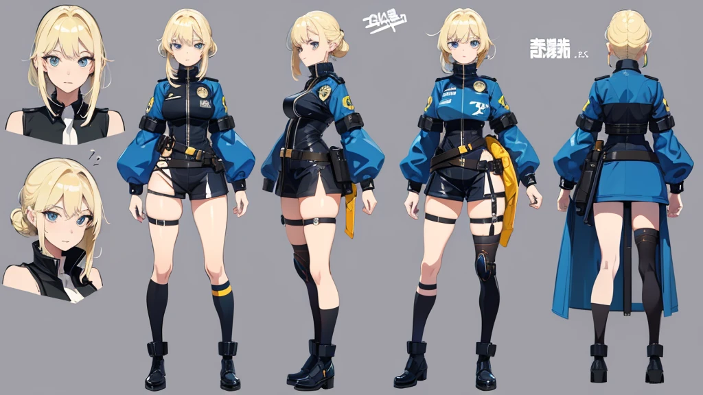 police girl ,blonde hair,blue eye,character design sheet, character turnaround, character in different poses