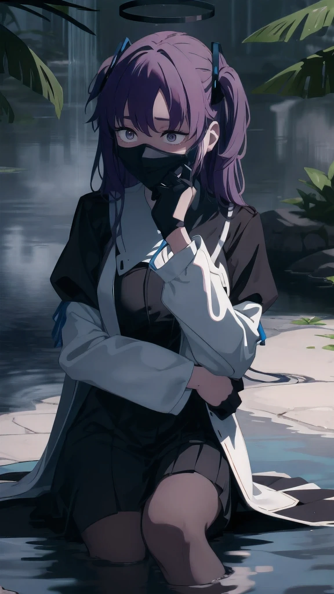 1girl, sad, sitting, (umbra-mask), (shadow-self), (dark-aura), (low-resoul-mist), (dark-lotus), ((fountain:0.9)), (water), (water-falling-down), (falling-leaves:0.8)), (small-tree:0.6), (small-fence:0.5), (forest-floor), (misty-background), (mysterious-mood), (low-light), (low-angle-shot), (posing:1.1), (slightly-looking-away), (hand-on-umbra-mask), (fingernails-long), (umbra-symbol-on-forearm), (symbol-of-earth-element), (elegant-attire), (dark-clothing), (shadow-dance-mood), (high-contrast), (vibrant-colors), (water-reflection)