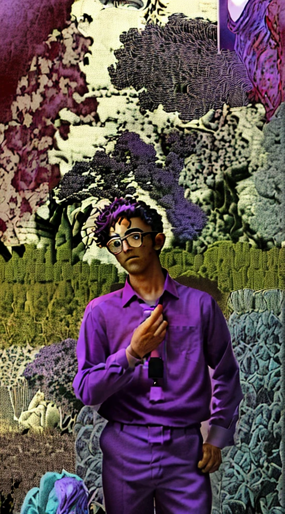 man, curly hair, glasses, purple shirt