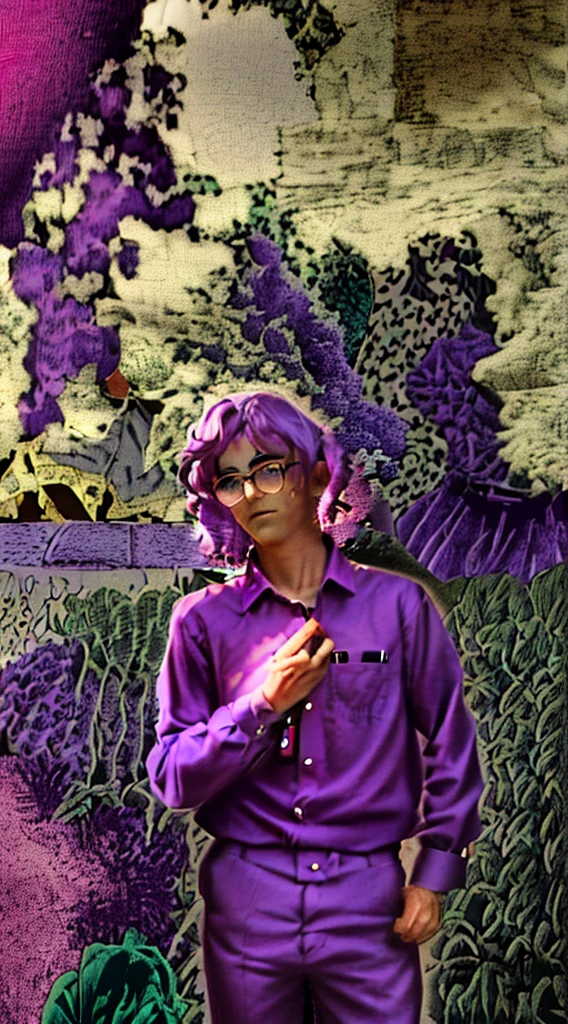 man, curly hair, glasses, purple shirt