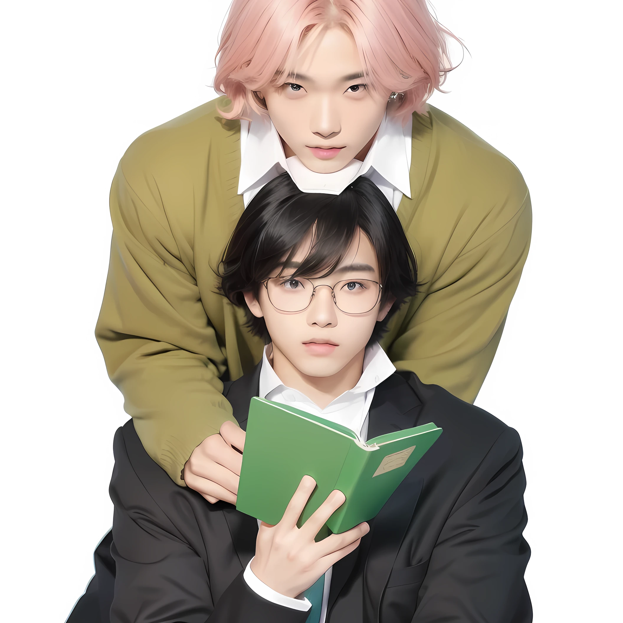 Two asian boys, one holding a green book, sitting looking at each other, one boy had tinged pink hair and golden brown eyes, golden cardigan, black pants white shirt and blue neck tie, other boy white shirt, blue neck tie, black blazer, black hair and blue eyes,  and girl with glasses and a book, 