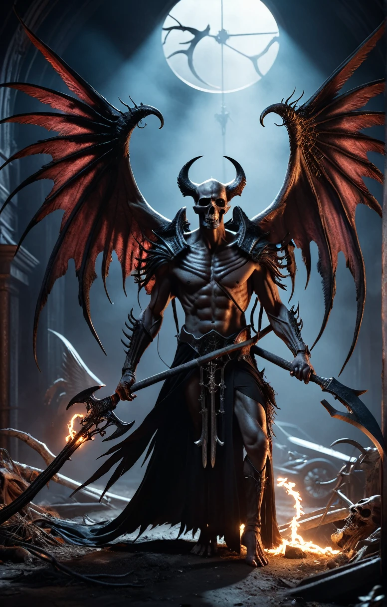 Cinematic film still Horror-themed realistic photo of a evil demon with rotting angel wings and holding a scythe,unreal engine 5 quality give Cinematic lighting 8k resolution concept art by giger trending on cgsociety,Dramatic Light,High resolution,鮮やかな配color,cyber punk,Neon Black Style,Sci-fi atmosphere,Hyperrealism,Octane,God's Rays,Volumetric,Golden Ratio,Cool 4D,Retro Wave,in 2021,受賞歴のあるmasterpiece,depth,Deep concentration,Black Metal,True to reality,Natural Skin,Body with attention to detail,Very detailedシーン,Shadow,Detailed Background,Very detailed skin,True to life,Living image,stunningly realistic .,Glow effect,Godley,Written by hand,give,8k,Octane give,Cinema 4D,Blender,dark,Atmospheric 4K ultra-detailed,Cinematic,Sharp focus,big depth of field,masterpiece,color,3d Octane give, Creepy,Anxious,dark,Creepyな,Suspenseful,strict,Very detailed,. shallow depth of field, Vignette, Very detailed, High budget, Bokeh, CinemaScope, Sulky, amazing, nice, Film Grain, granular,Snow Woman