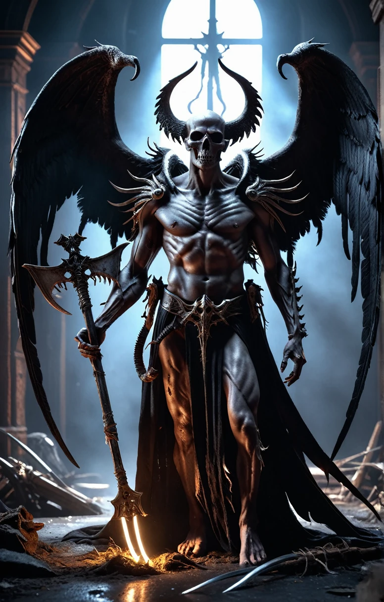 Cinematic film still Horror-themed realistic photo of a evil demon with rotting angel wings and holding a scythe,unreal engine 5 quality give Cinematic lighting 8k resolution concept art by giger trending on cgsociety,Dramatic Light,High resolution,鮮やかな配color,cyber punk,Neon Black Style,Sci-fi atmosphere,Hyperrealism,Octane,God's Rays,Volumetric,Golden Ratio,Cool 4D,Retro Wave,in 2021,受賞歴のあるmasterpiece,depth,Deep concentration,Black Metal,True to reality,Natural Skin,Body with attention to detail,Very detailedシーン,Shadow,Detailed Background,Very detailed skin,True to life,Living image,stunningly realistic .,Glow effect,Godley,Written by hand,give,8k,Octane give,Cinema 4D,Blender,dark,Atmospheric 4K ultra-detailed,Cinematic,Sharp focus,big depth of field,masterpiece,color,3d Octane give, Creepy,Anxious,dark,Creepyな,Suspenseful,strict,Very detailed,. shallow depth of field, Vignette, Very detailed, High budget, Bokeh, CinemaScope, Sulky, amazing, nice, Film Grain, granular,Snow Woman