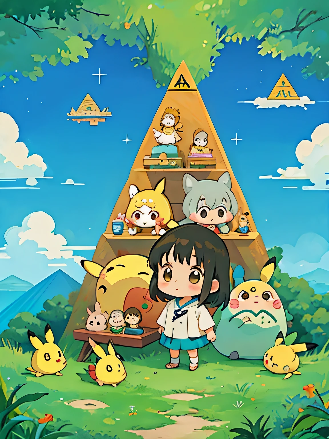 Hayao Miyazaki style、Kawaii Design, most beautiful girl ever、Chibi, (((expedition)))、Pikachu, Totoro, pyramid、king of egypt