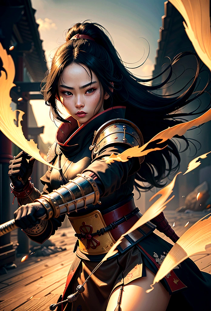 a picture of Japanese female samurai, she has long black hair, wearing samurai armor, armed with a katana, ready for battle, dynamic angle,, Japanese fantasy art, (Masterpiece: 1.5), 16k, highres, best quality, high details, ultra detailed, masterpiece, best quality, (extremely detailed), arafed, dnd art, JapaneseKatana, 