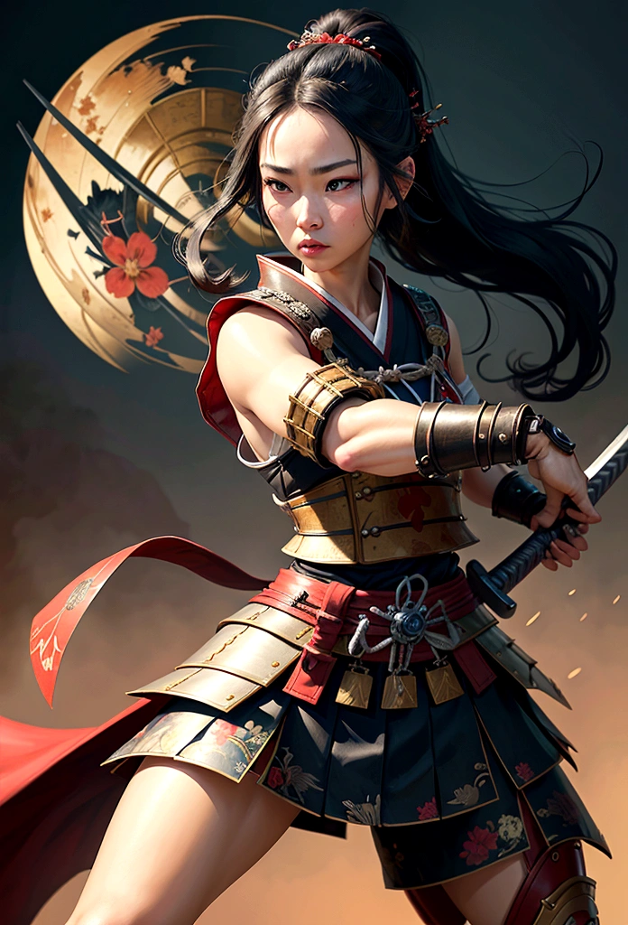 a picture of Japanese female samurai, she has long black hair, wearing samurai armor, armed with a katana, ready for battle, dynamic angle,, Japanese fantasy art, (Masterpiece: 1.5), 16k, highres, best quality, high details, ultra detailed, masterpiece, best quality, (extremely detailed), arafed, dnd art, JapaneseKatana, 