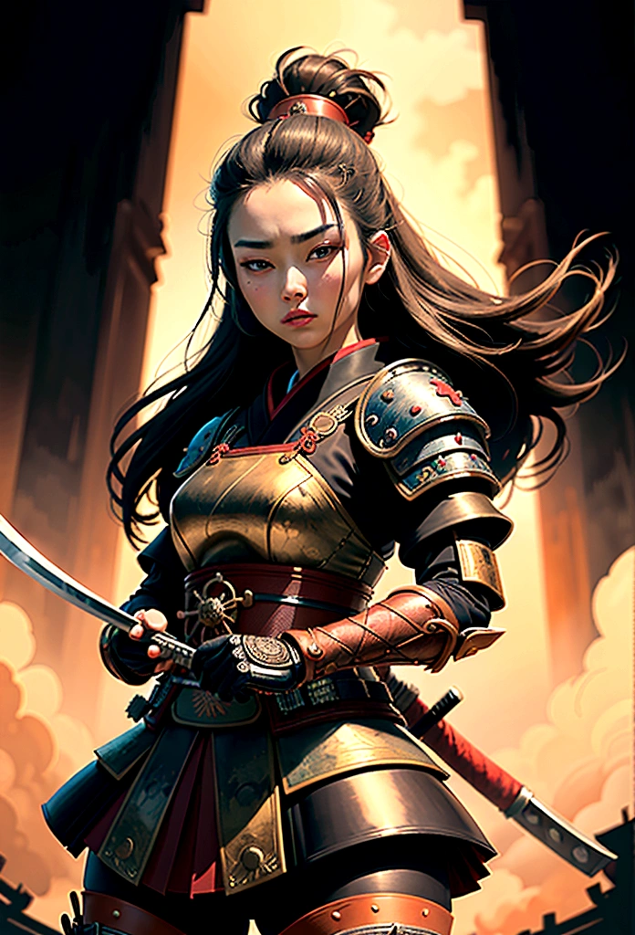 a picture of Japanese female samurai, she has long black hair, wearing samurai armor, armed with a katana, ready for battle, dynamic angle,, Japanese fantasy art, (Masterpiece: 1.5), 16k, highres, best quality, high details, ultra detailed, masterpiece, best quality, (extremely detailed), arafed, dnd art, JapaneseKatana, 