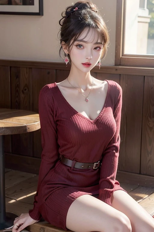 (Raw photo, High resolution, Best Quality, masutepiece:1.3), (realistic detailed, hyper realisitic, Photorealistic: 1.2), Shot with Canon EOS R6, Sharp Focus, F/1.8, mid-shot, upperbody shot, 1girl in, Very delicate and beautiful, Beautiful detailed girl, Very detailed eyes and face, Triangular face, Beautiful detailed eyes, (Slender figure, thin waist), ((Red Sweater Dress)), Stylish pendant, earrings, Natural makeup, Pink shiny lips, Sweepside stylish shorthair, Perfect Style, (low illuminance, sitting in a cafe), nffsw, Ultra-realistic, Highest Quality, super detailed