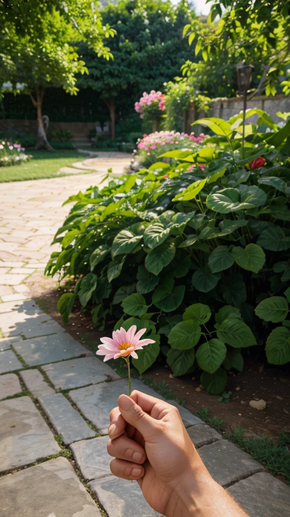 a flower in someone's hand , only hand is seen in the frame , a flower garden in background, vibrant colors