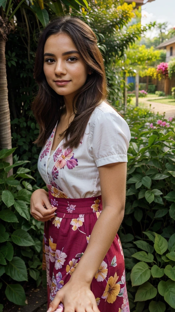 a flower in someone's hand , only hand is seen in the frame , a flower garden in background, vibrant colors