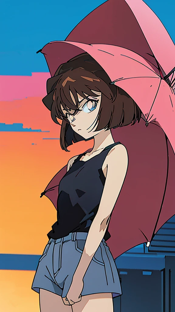 anime style, (1girl in, Solo:1.0), (Haibara Ai), ((Short pants)), (((Big eyes))), (Cute anime girl head), (flat chest),looking at viewer,With a height of 100cm,  shoot from front, (head shot),  Simple lineinimalism，Abstract Art，City background