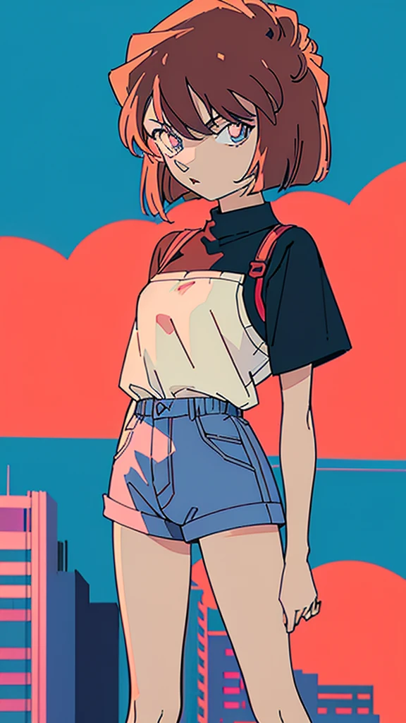 anime style, (1girl in, Solo:1.0), (Haibara Ai), ((Short pants)), (((Big eyes))), (Cute anime girl head), (flat chest),looking at viewer,With a height of 100cm, shoot from front, (head shot), Simple lineinimalism,Abstract Art,City background