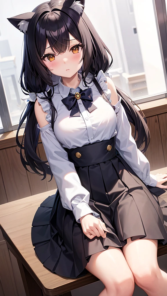 Anime characters Princess Connect! Cal Cat ear Small breasts con Tsundere Black hair long wavy hair Twin tails Right bangs point color white A lifts her skirt to show her cotton panties to the boy sitting next to her in class Panty shot 4K quality
