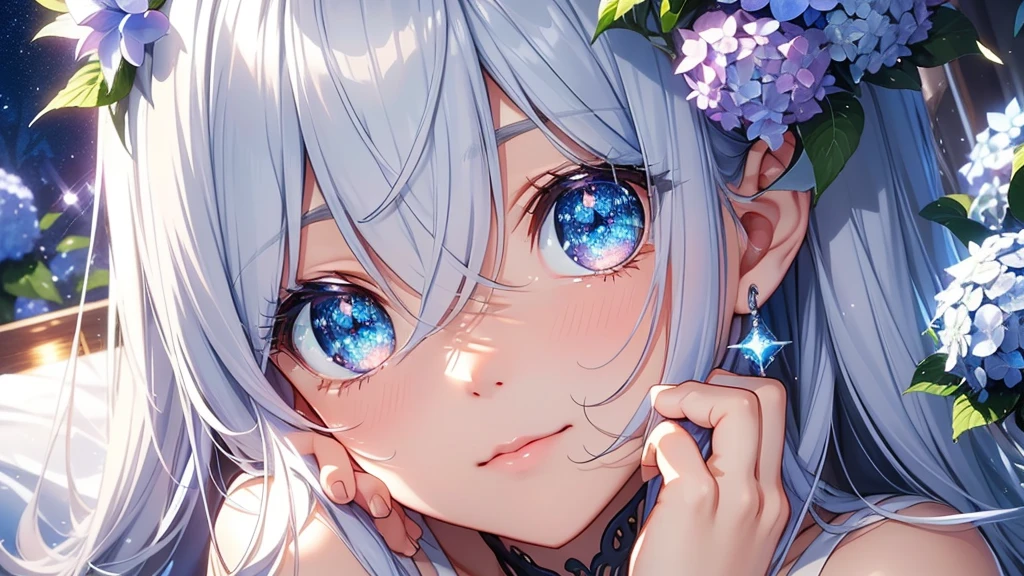 Best quality、Photorealistic、Ultra-detailed、delicate、Orderly、High Detail、Bluish Silver Short Bob、(Drooping heterochromia iris,glowing eyes、Sparkling Eyes:1.3)、slender、(One girl:1.2)、(hydrangea、night、Guided by the moonlight、The twinkling of the constellationysterious、Fantasy、Dramatic angle:1.3)、Ambient Occlusion、Ambient Light、Ray-traced Reflections、Glow、Shiny Hair、