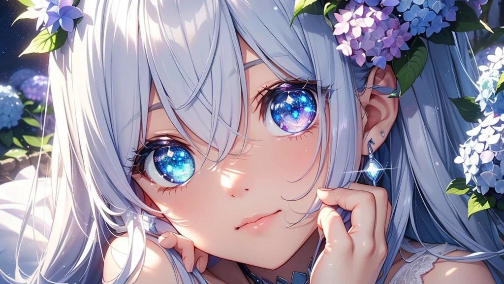 Best quality、Photorealistic、Ultra-detailed、delicate、Orderly、High Detail、Bluish Silver Short Bob、(Drooping heterochromia iris,glowing eyes、Sparkling Eyes:1.3)、slender、(One girl:1.2)、(hydrangea、night、Guided by the moonlight、The twinkling of the constellationysterious、Fantasy、Dramatic angle:1.3)、Ambient Occlusion、Ambient Light、Ray-traced Reflections、Glow、Shiny Hair、