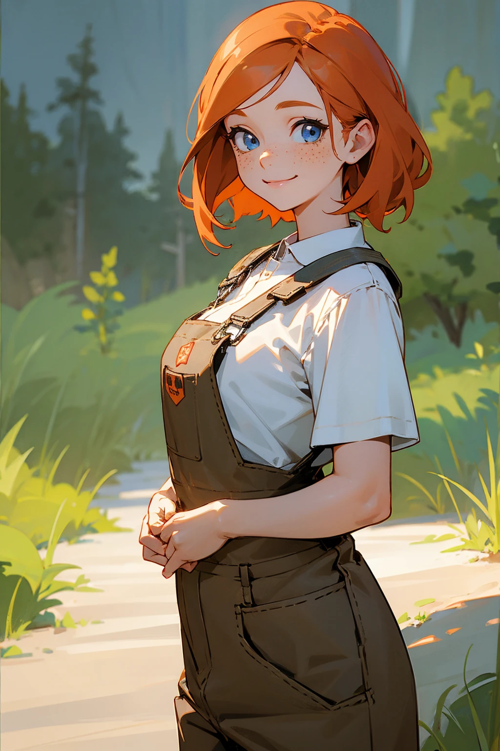 1female, ginger hair, blue eyes, freckles, overalls, white shirt, smiling, farmy background, detailed background, hands to side, standing on path